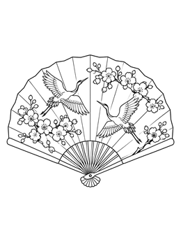 Asian Pacific American Heritage Month coloring page of an ornate folding fan with flying cranes and cherry blossoms.