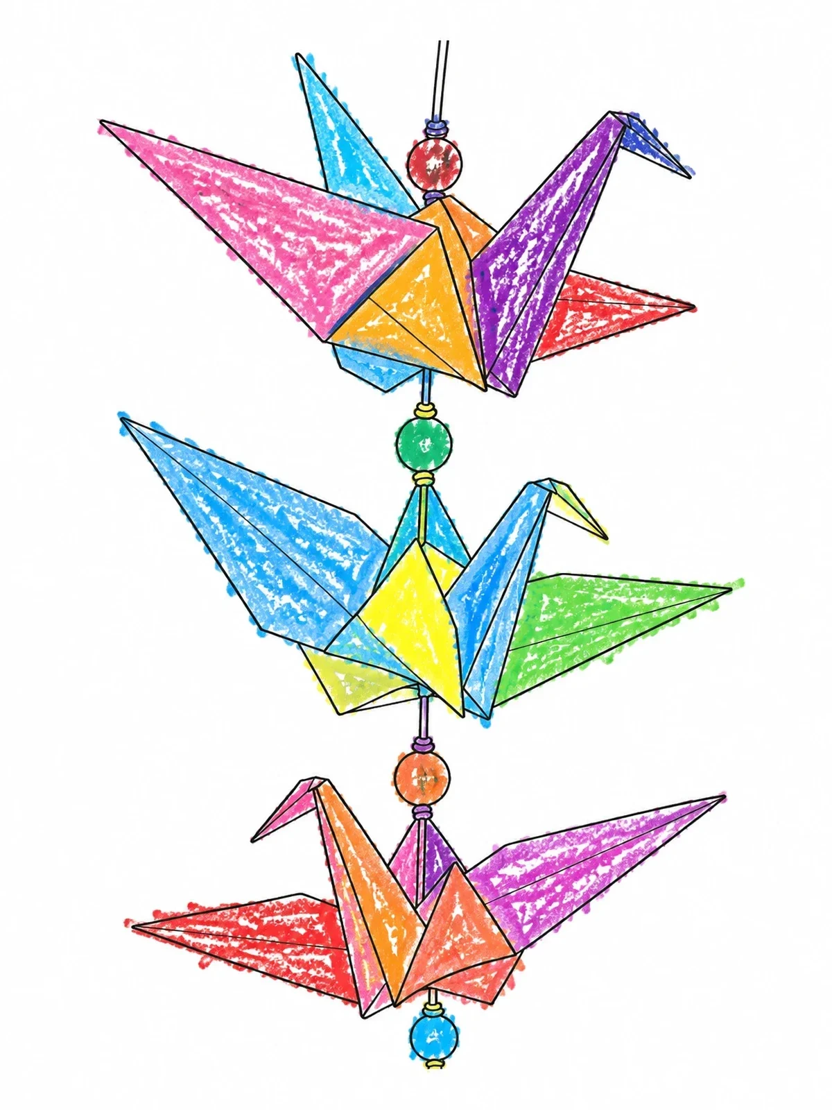 Colored example of the Hanging Origami Crane Garland coloring page
