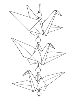 An asian pacific american heritage month coloring page showing folded origami cranes strung with decorative beads.
