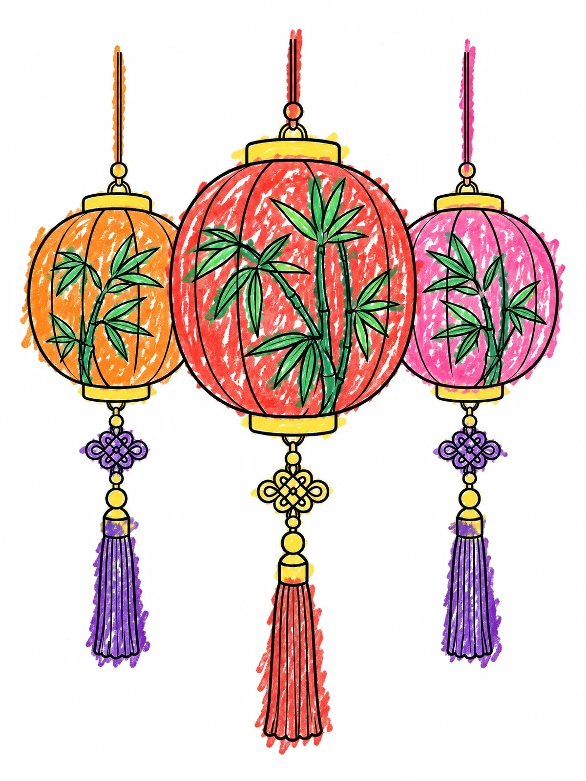 Colored example of the Hanging Silk Lanterns With Bamboo coloring page