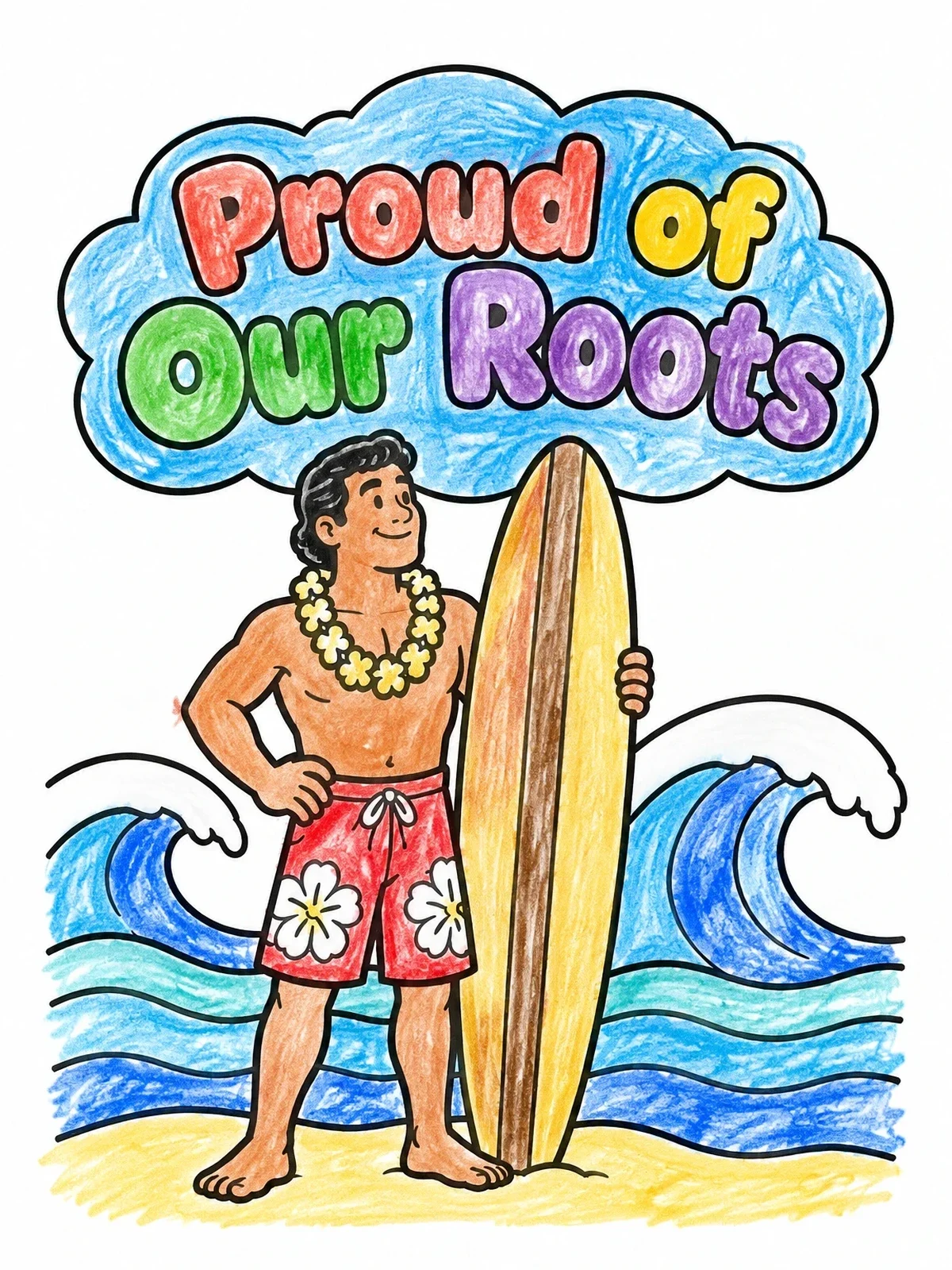 Colored example of the Hawaiian Surfer With Surfboard coloring page