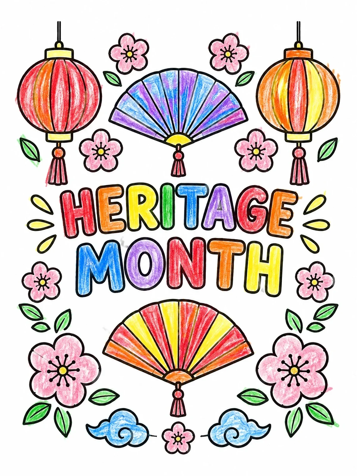 Colored example of the Heritage Month Celebration With Lanterns And Fans coloring page