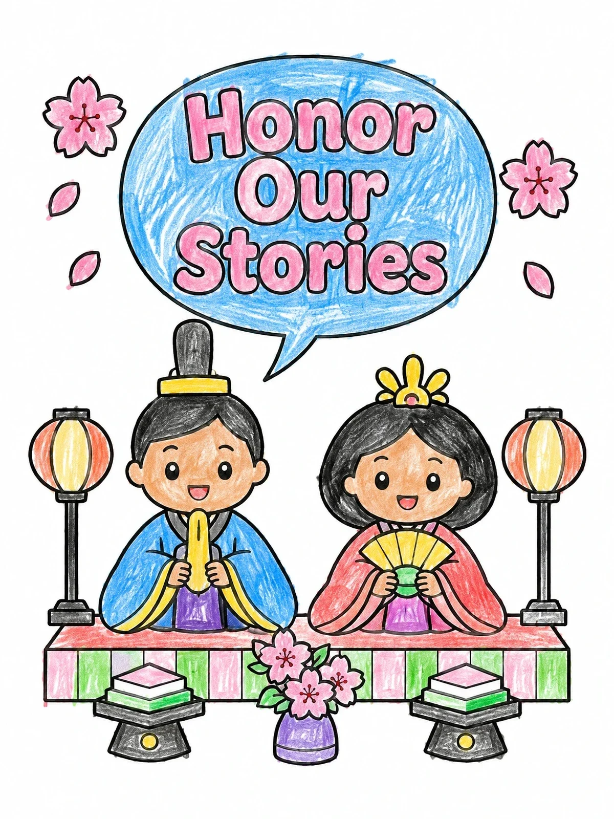 Colored example of the Japanese Hinamatsuri Dolls And Cherry Blossoms coloring page