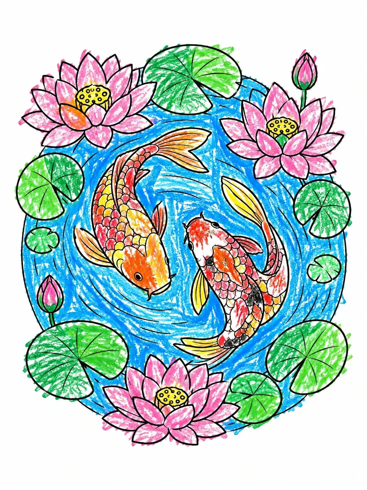 Colored example of the Koi Pond And Lotus Blossoms coloring page
