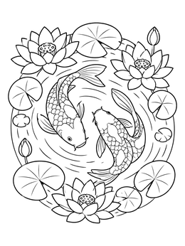 An Asian Pacific American heritage month coloring page featuring two koi fish swimming among blooming lotus flowers.