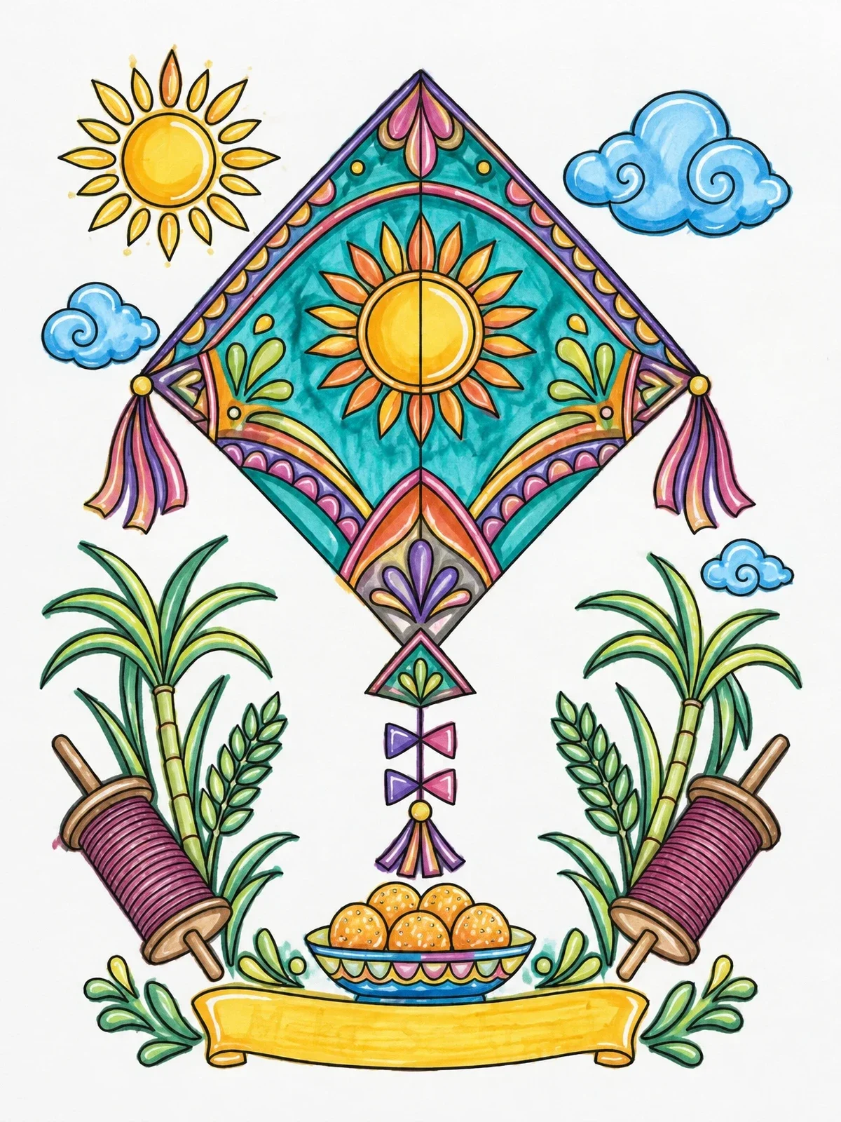 Colored example of the Makar Sankranti Festival Kite And Sweets coloring page