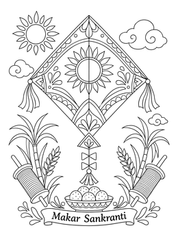 An Asian Pacific American heritage month coloring page featuring a decorative Makar Sankranti kite and sweets.
