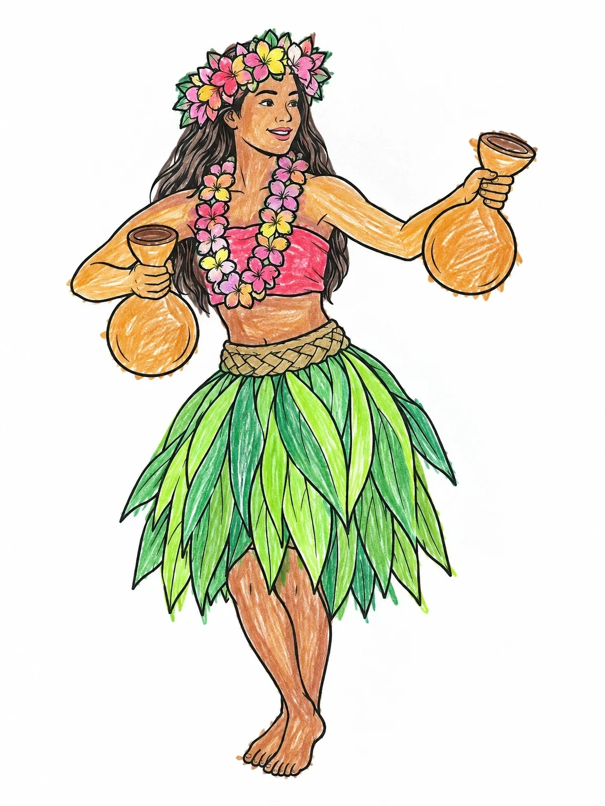 Colored example of the Pacific Island Dancer With Gourds coloring page
