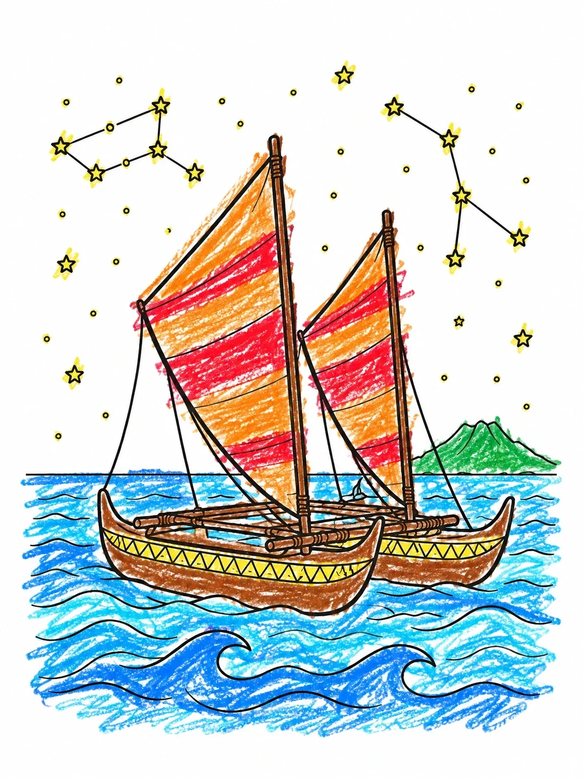 Colored example of the Polynesian Voyaging Canoe Under Constellations coloring page