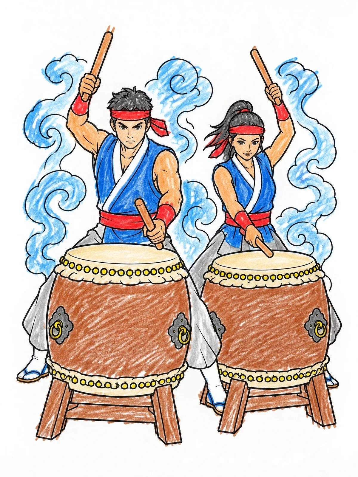 Colored example of the Taiko Drummers In Action coloring page