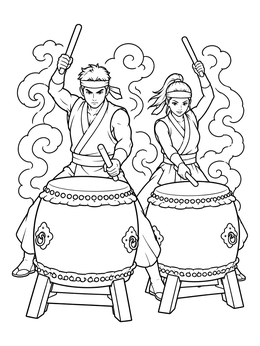 An Asian Pacific American heritage month coloring page featuring two energetic taiko drummers striking big drums.