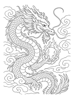Detailed asian coloring page showing a mythological dragon holding a flaming pearl amidst clouds.