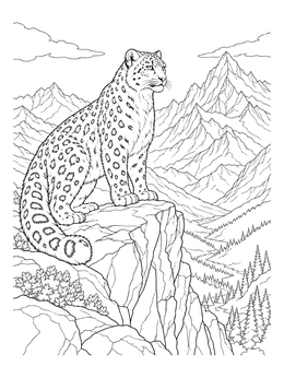 A wild snow leopard perched on a rocky cliff in this asian coloring page.