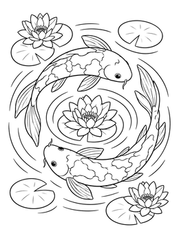 Free printable Twin Koi Swimming Around Lotus coloring page
