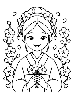 Free printable Young Woman With Cherry Blossoms coloring page