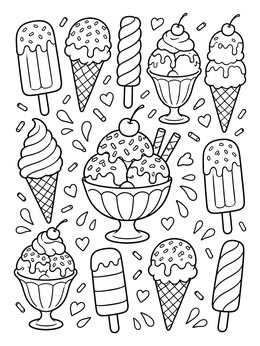 A sweet ice cream coloring page featuring sundae bowls, popsicles, and cones.