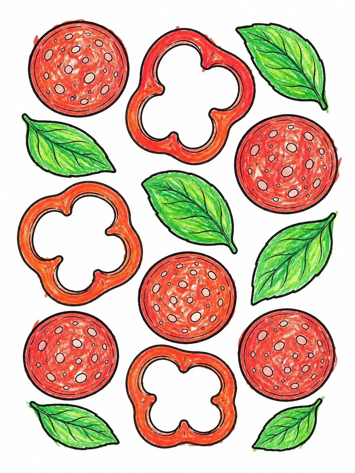Colored example of the Assorted Fresh Pizza Toppings Pattern coloring page
