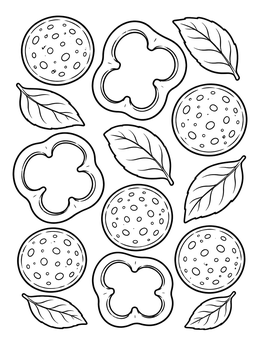 A pattern of pepperoni, bell pepper rings, and basil leaves in this pizza coloring page.