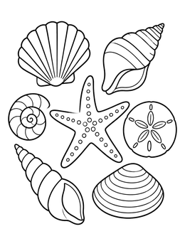 Free printable Assorted Seashells And Starfish Collection coloring page