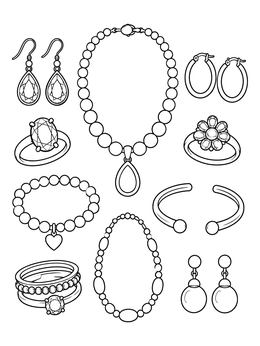 A detailed jewelry coloring page featuring rings, pearl necklaces, bracelets, and gem earrings.