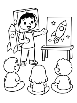 A career coloring page of a boy dressed as an astronaut presenting a rocket drawing to classmates.