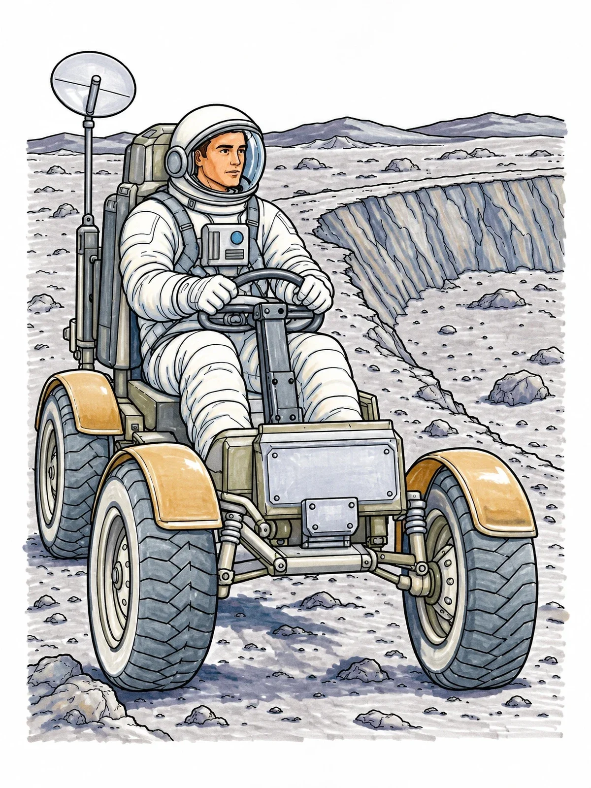 Colored example of the Astronaut Driving Lunar Rover Near Crater coloring page