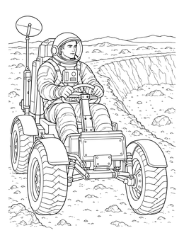 An astronaut coloring page featuring an explorer driving a rover along a moon crater rim.