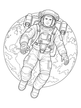 An astronaut coloring page showing a spacewalker drifting in front of planet Earth.