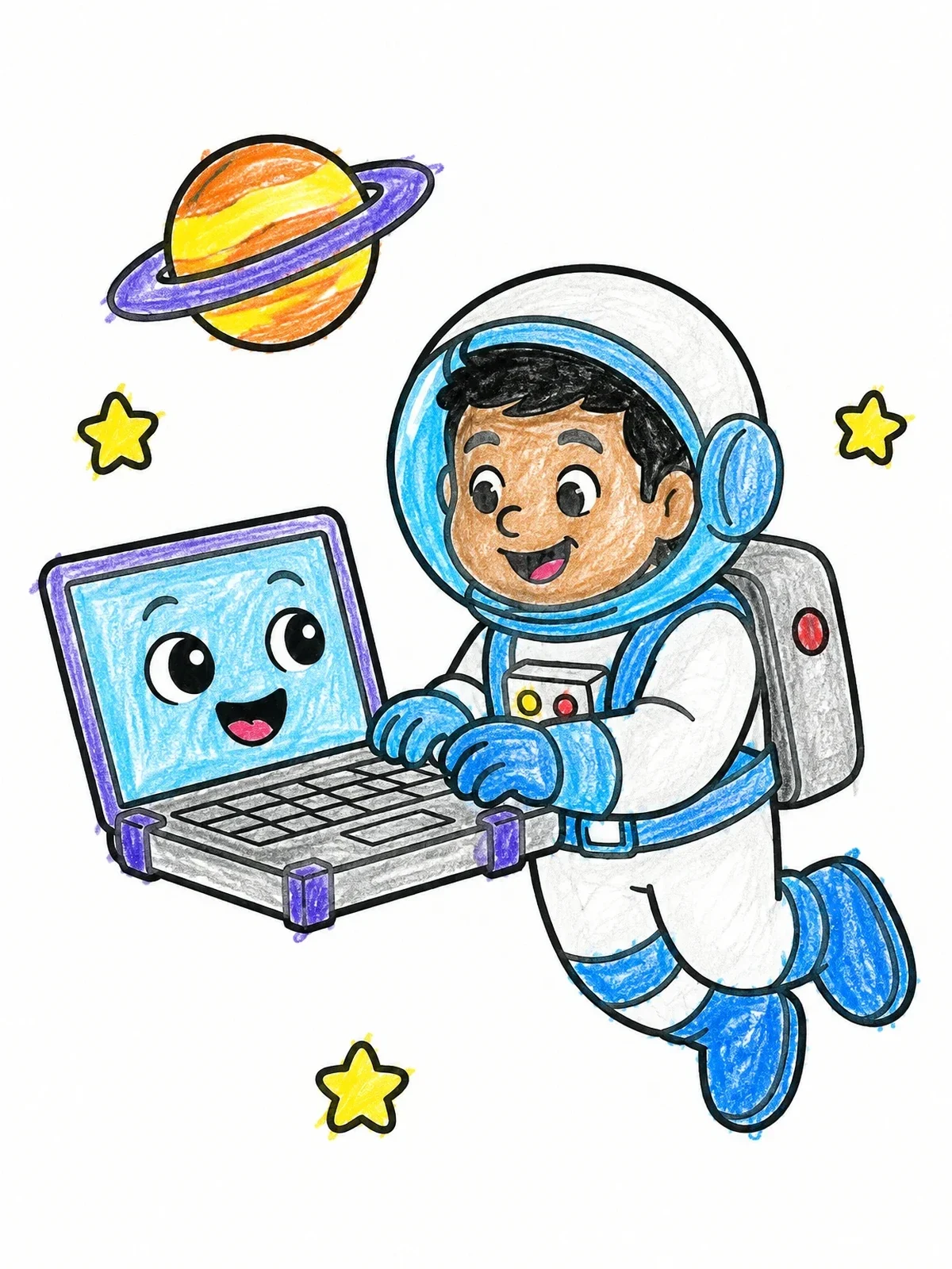 Colored example of the Astronaut Kid With Friendly Laptop In Space coloring page
