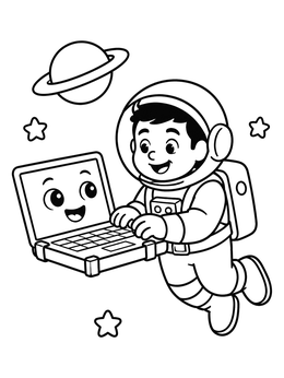 Free printable Astronaut Kid With Friendly Laptop In Space coloring page