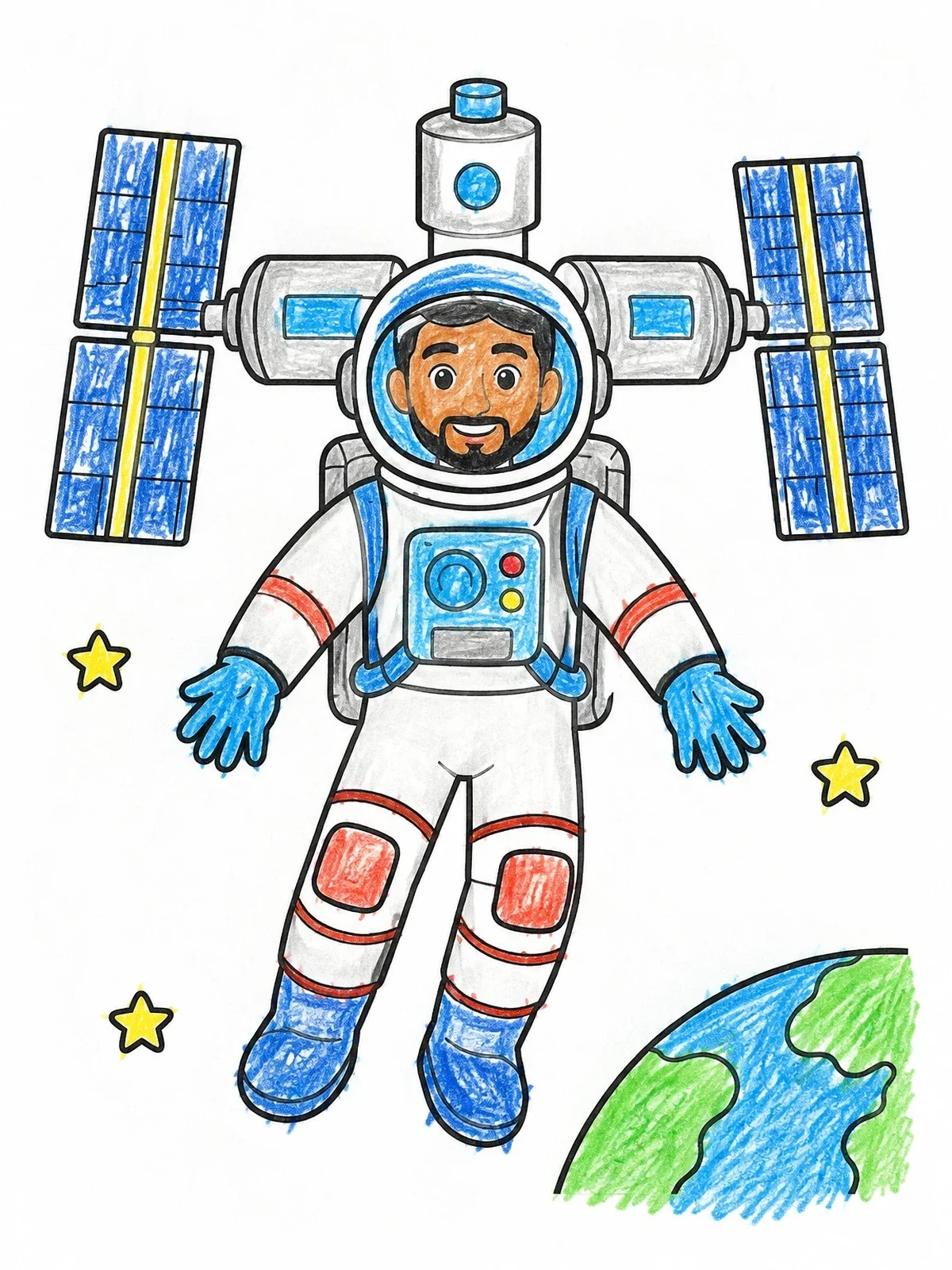 Colored example of the Astronaut Floating Near Space Station coloring page