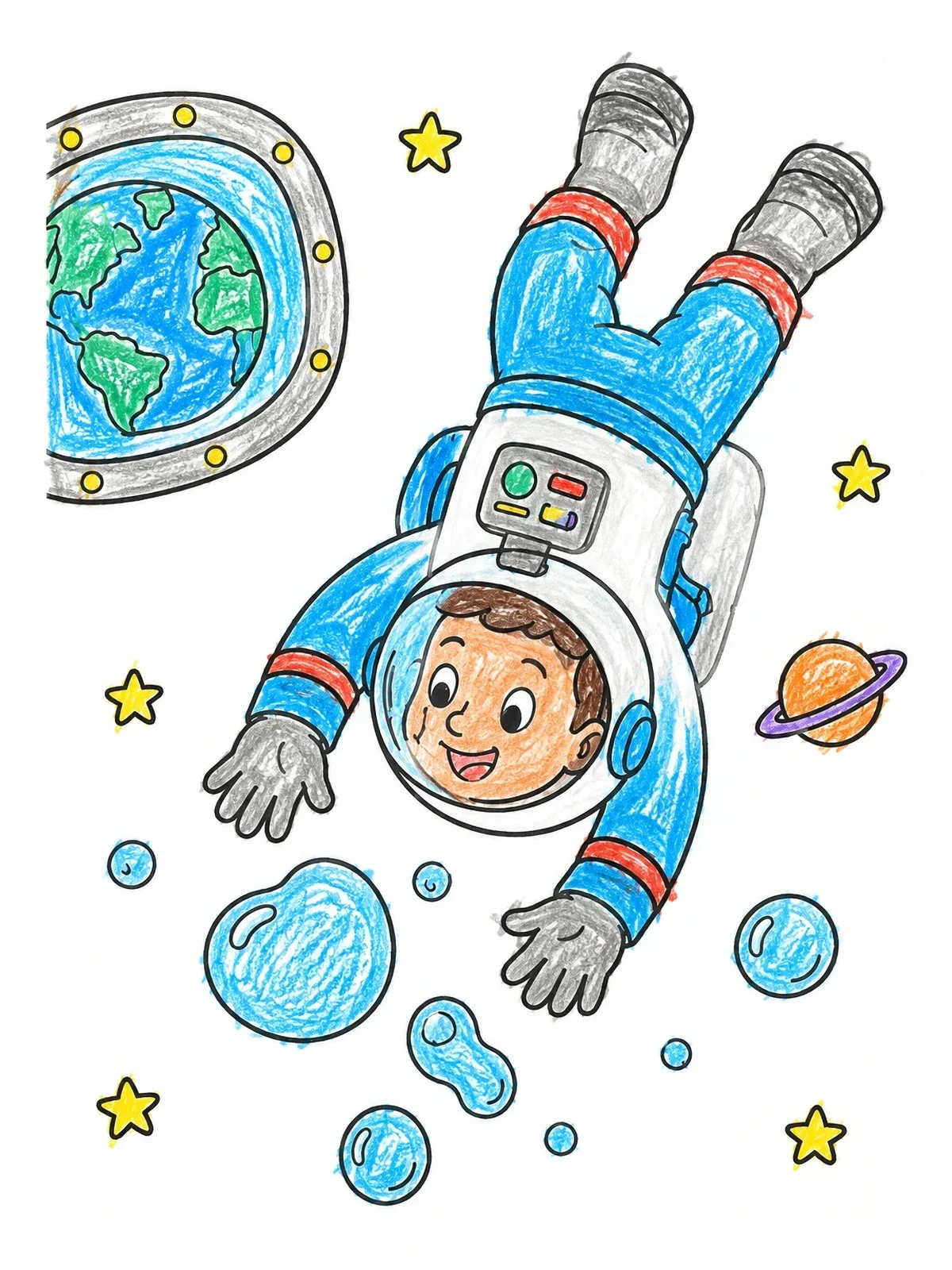 Colored example of the Astronaut Floating And Chasing Water Bubbles coloring page