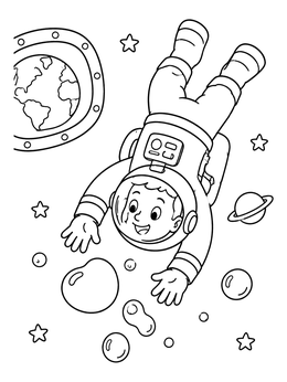 Free printable Astronaut Floating And Chasing Water Bubbles coloring page