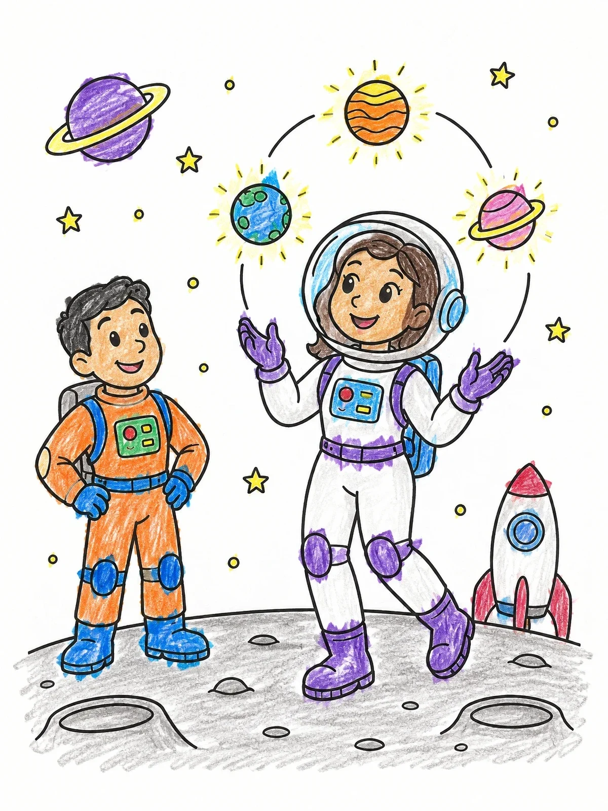 Colored example of the Astronaut Girl Juggling Planets coloring page