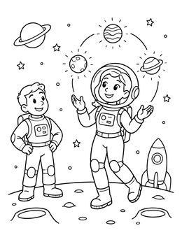 A cheerful girl astronaut coloring page juggling planets on the moon beside her friend.