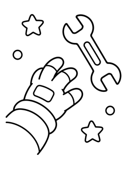 An astronaut coloring page showing a spacesuit glove floating near a wrench and stars.