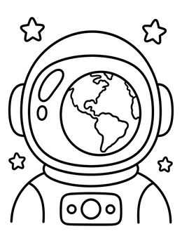 An astronaut coloring page with Earth reflected inside the helmet visor surrounded by stars.