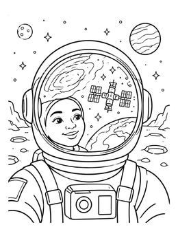 Smiling girl in a space suit on this astronaut coloring page with orbital reflections.