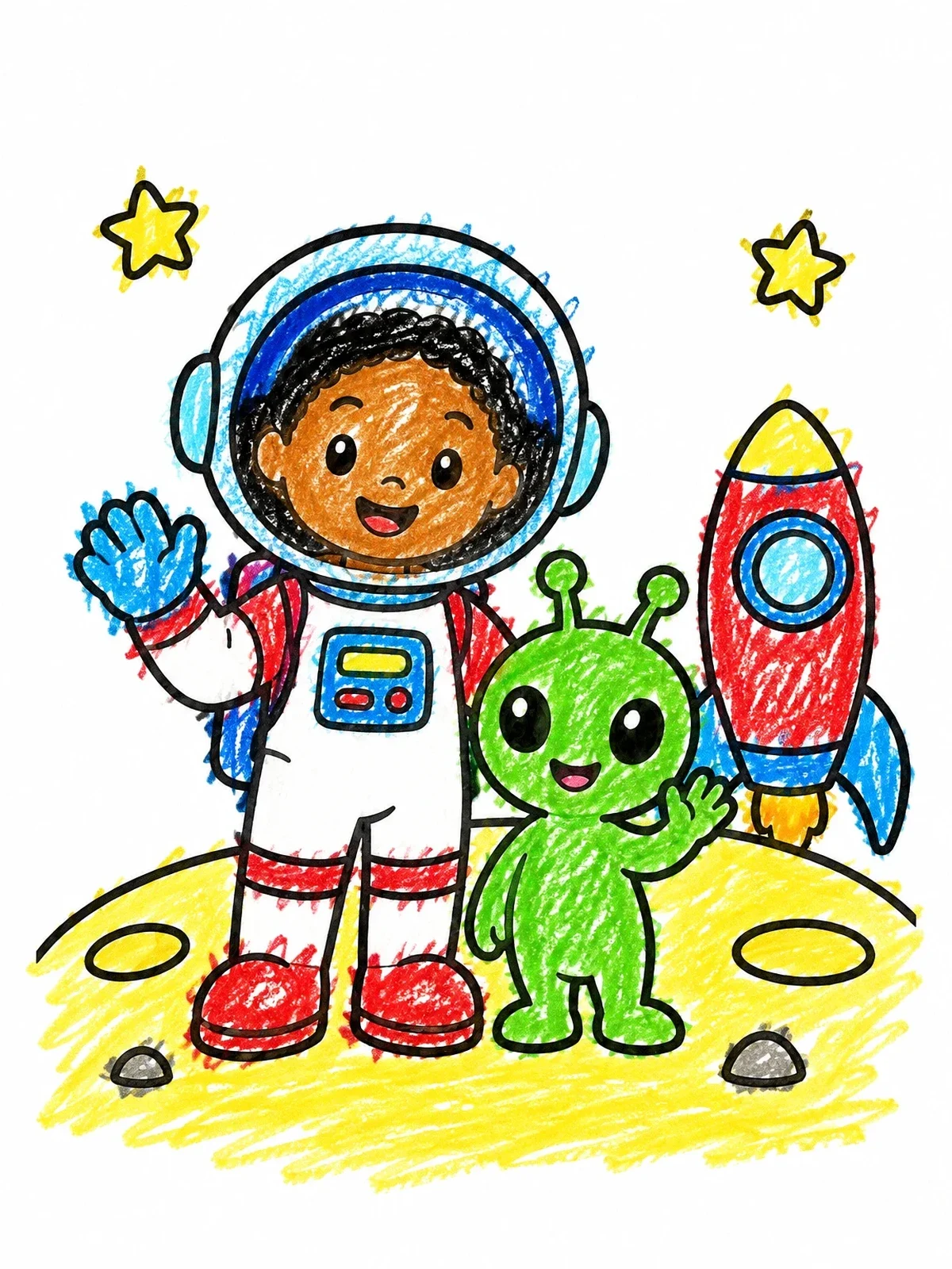 Colored example of the Astronaut Kid And Cute Alien coloring page
