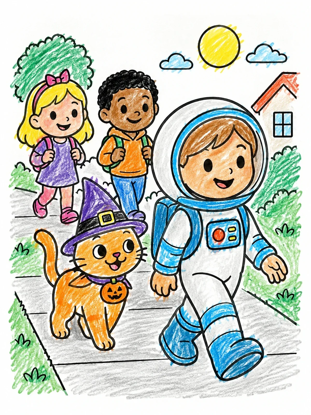 Colored example of the Astronaut Kid And Witch Cat Walking coloring page