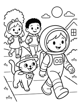 A fun halloween cat coloring page featuring a kitten in a witch hat walking with a young astronaut.