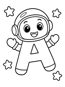 Happy cartoon astronaut shaped like the letter A coloring page surrounded by stars.