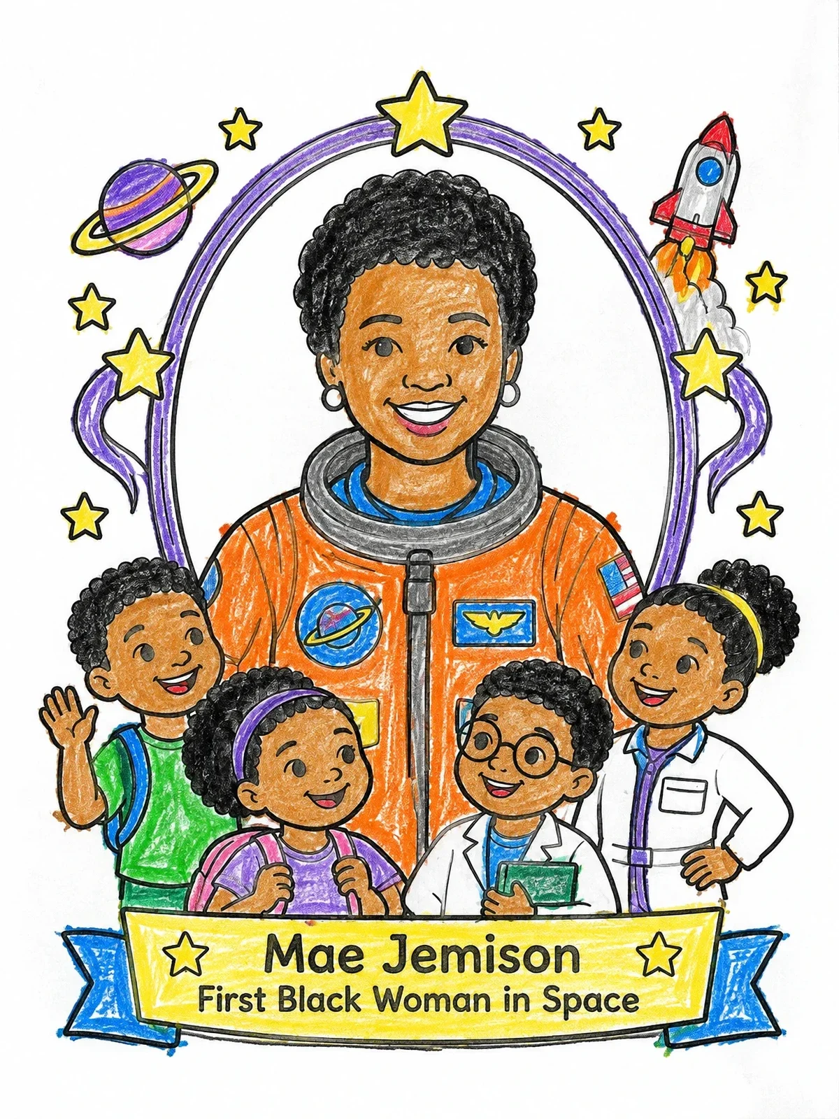 Colored example of the Astronaut Mae Jemison With Inspiring Kids coloring page