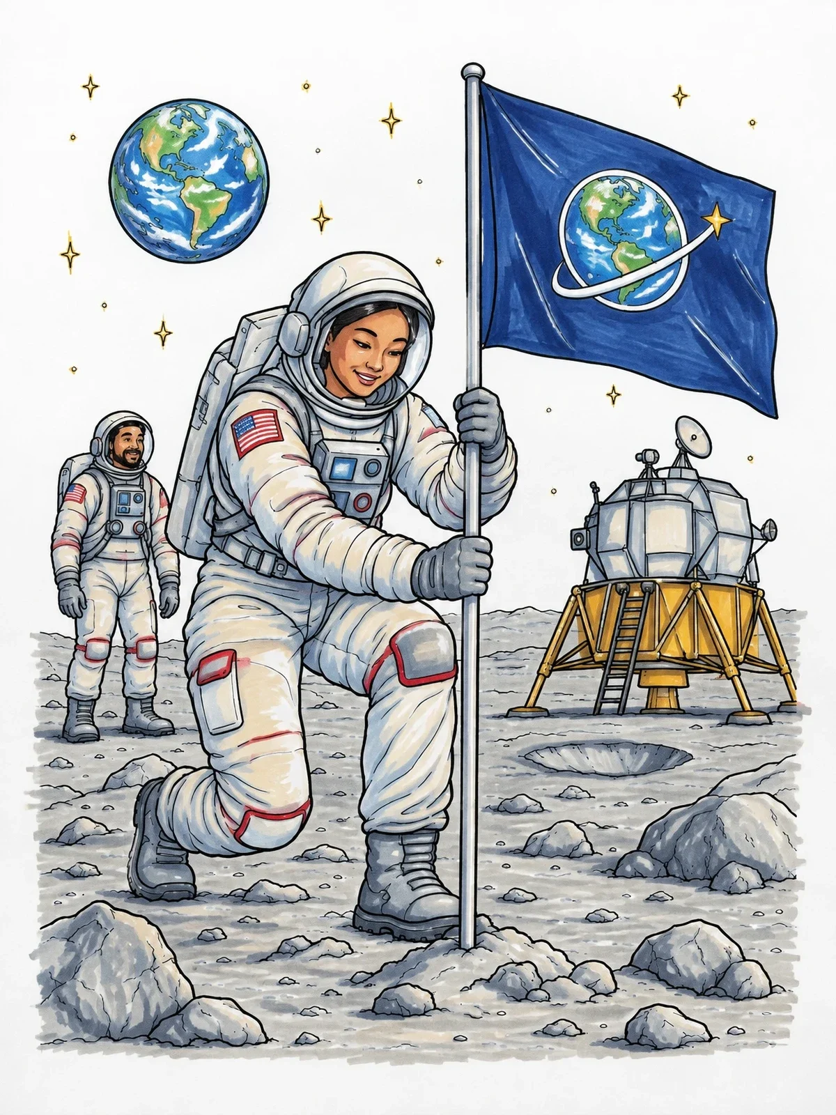 Colored example of the Astronaut Planting Flag On The Moon coloring page