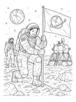 An astronaut coloring page showing a female explorer planting a mission flag on the lunar surface.