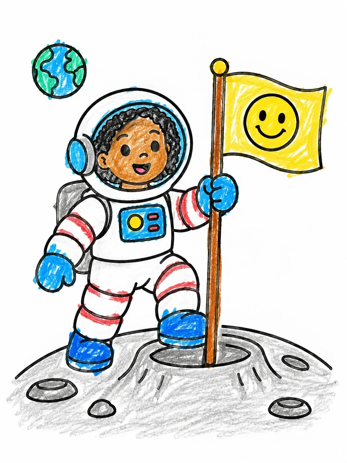 Colored example of the Astronaut Planting Smiley Flag On Moon coloring page