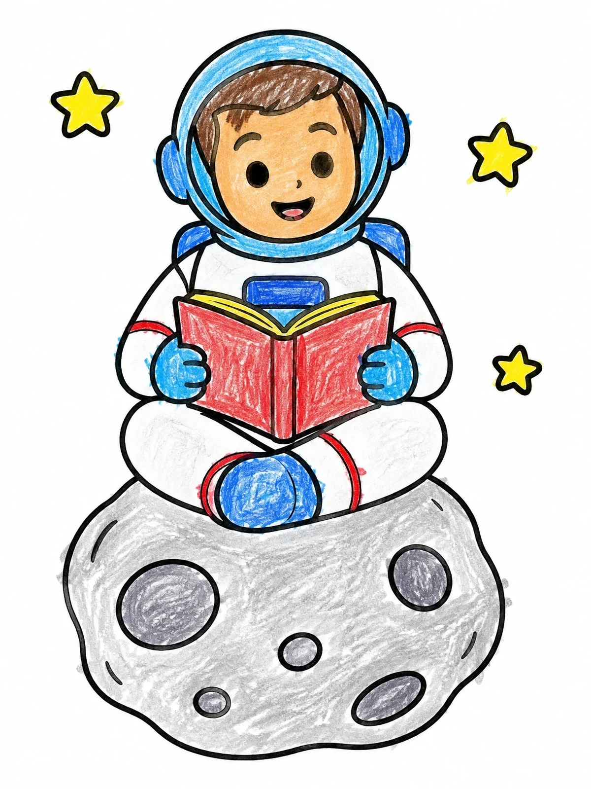 Colored example of the Young Astronaut Reading On An Asteroid coloring page