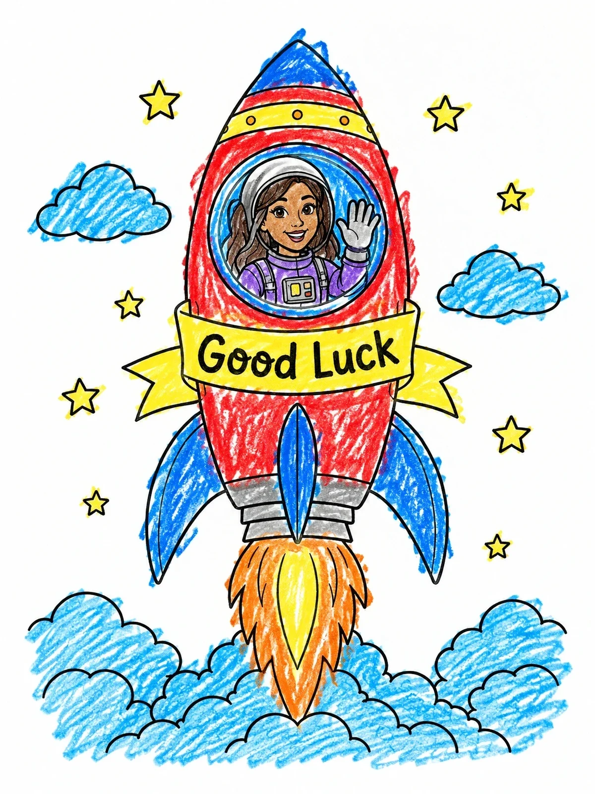 Colored example of the Rocket Blastoff With Astronaut Waving Goodbye coloring page