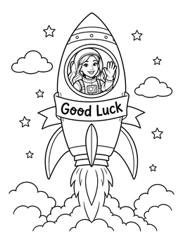 An astronaut waves from a launching spaceship in this farewell goodbye coloring page with a Good Luck banner.
