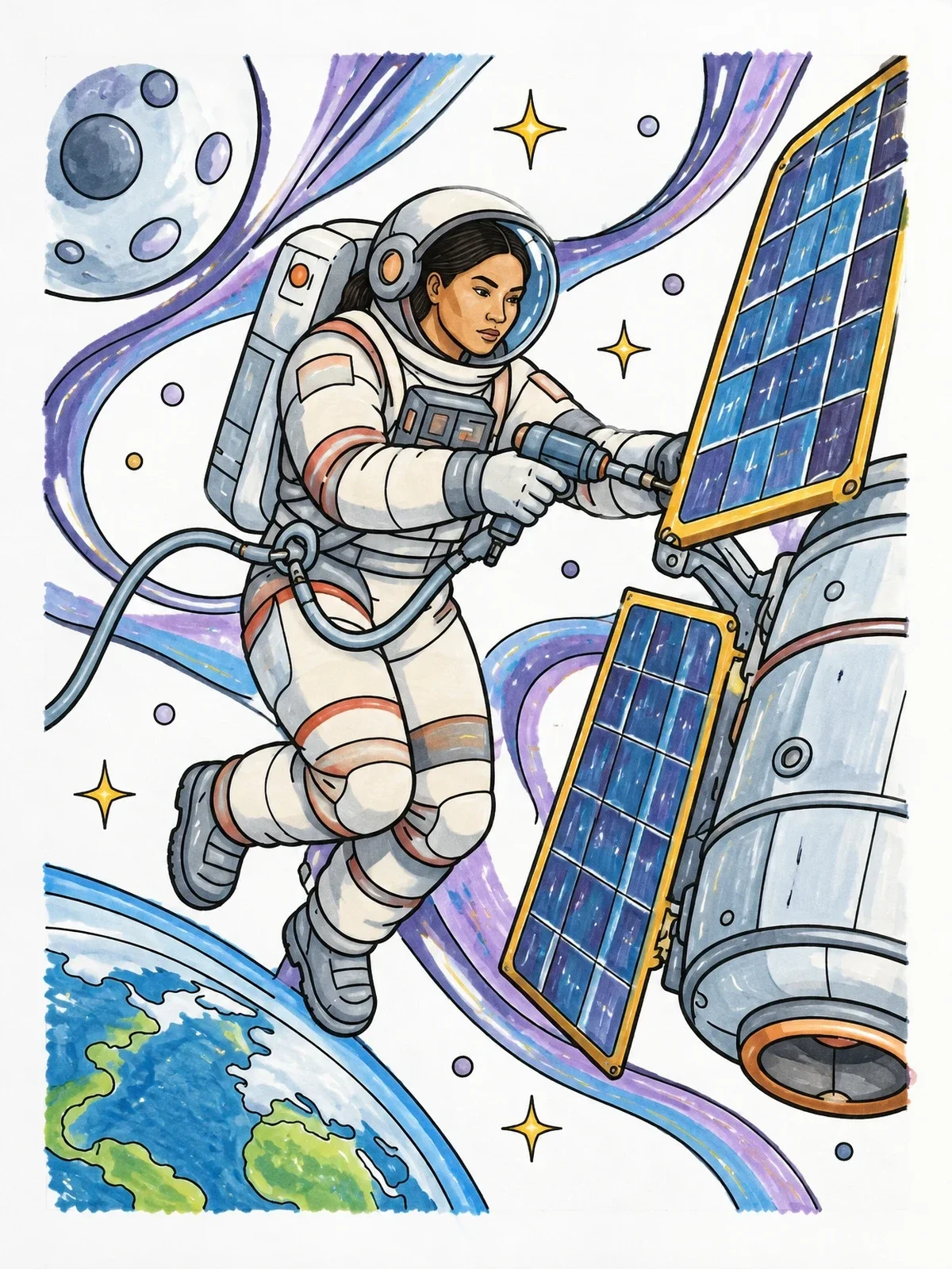 Colored example of the Astronaut Repairing Orbiting Satellite coloring page